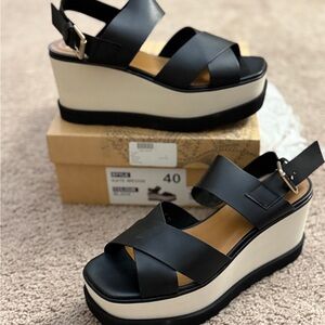Free People Wedge Heels Women size 9 Black Cream Leather Open Toe Ankle Strap